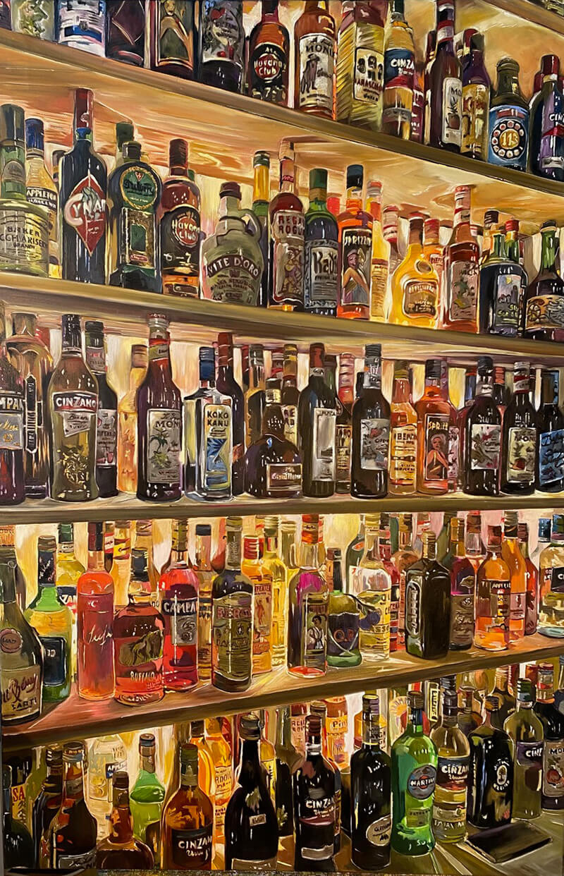 <strong>Bottles / glass II</strong><br>Oil on canvas, 2025<br>80 x 120 cm